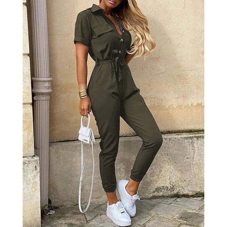 Womens Monochromatic Belted Workwear Jumpsuit Casual Pants 10