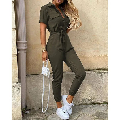 Womens Monochromatic Belted Workwear Jumpsuit Casual Pants 10