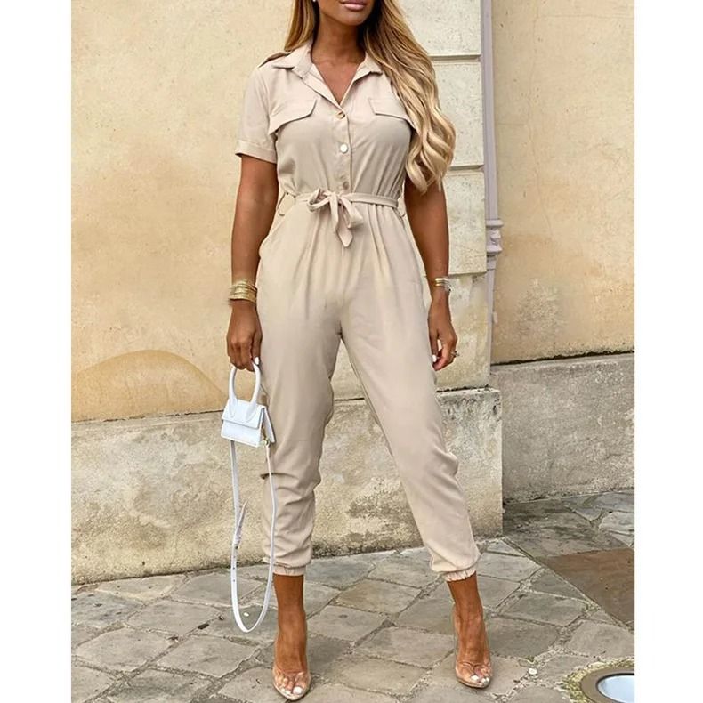 Womens Monochromatic Belted Workwear Jumpsuit Casual Pants 11