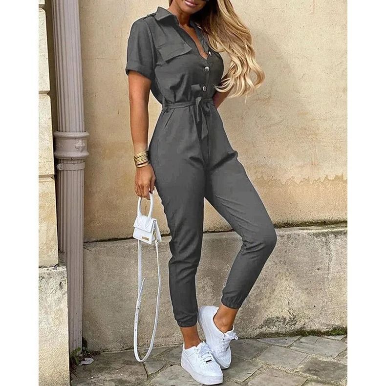 Womens Monochromatic Belted Workwear Jumpsuit Casual Pants 12