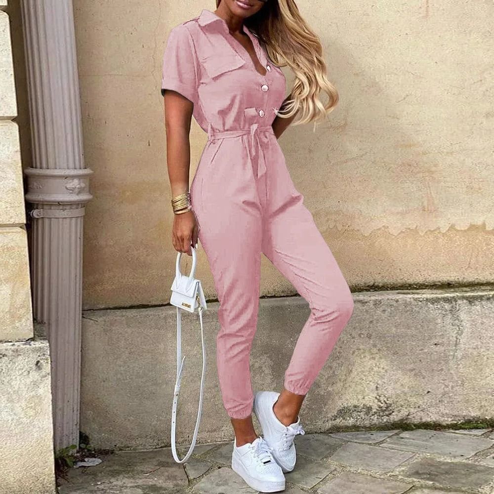 Womens Monochromatic Belted Workwear Jumpsuit Casual Pants 13