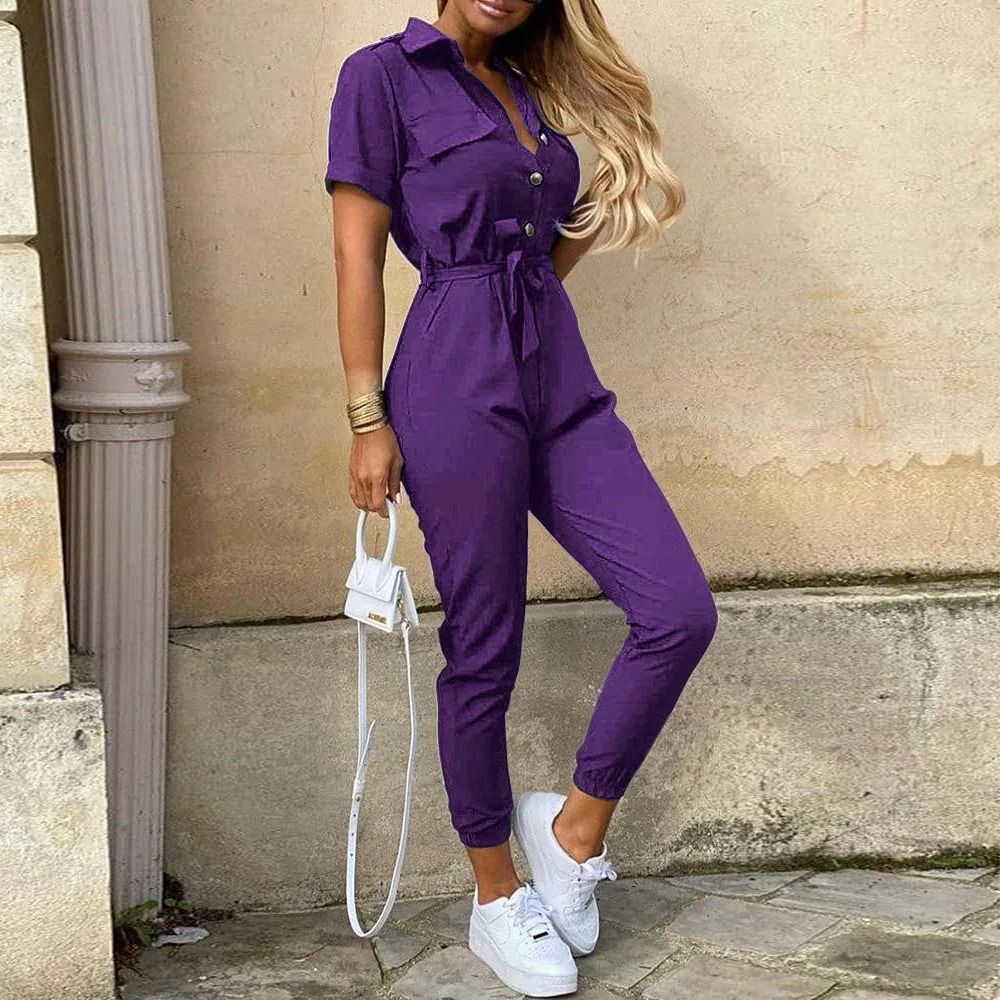 Womens Monochromatic Belted Workwear Jumpsuit Casual Pants 14