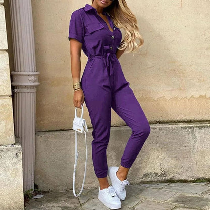 Womens Monochromatic Belted Workwear Jumpsuit Casual Pants 14