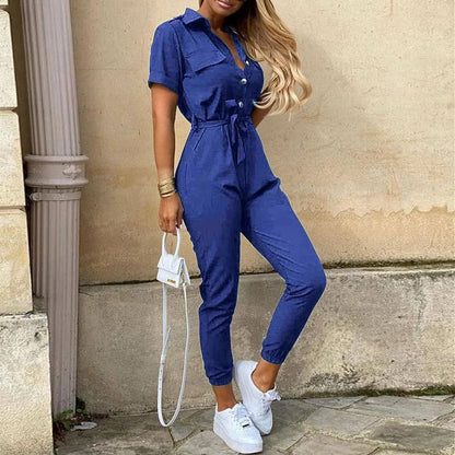Womens Monochromatic Belted Workwear Jumpsuit Casual Pants 15