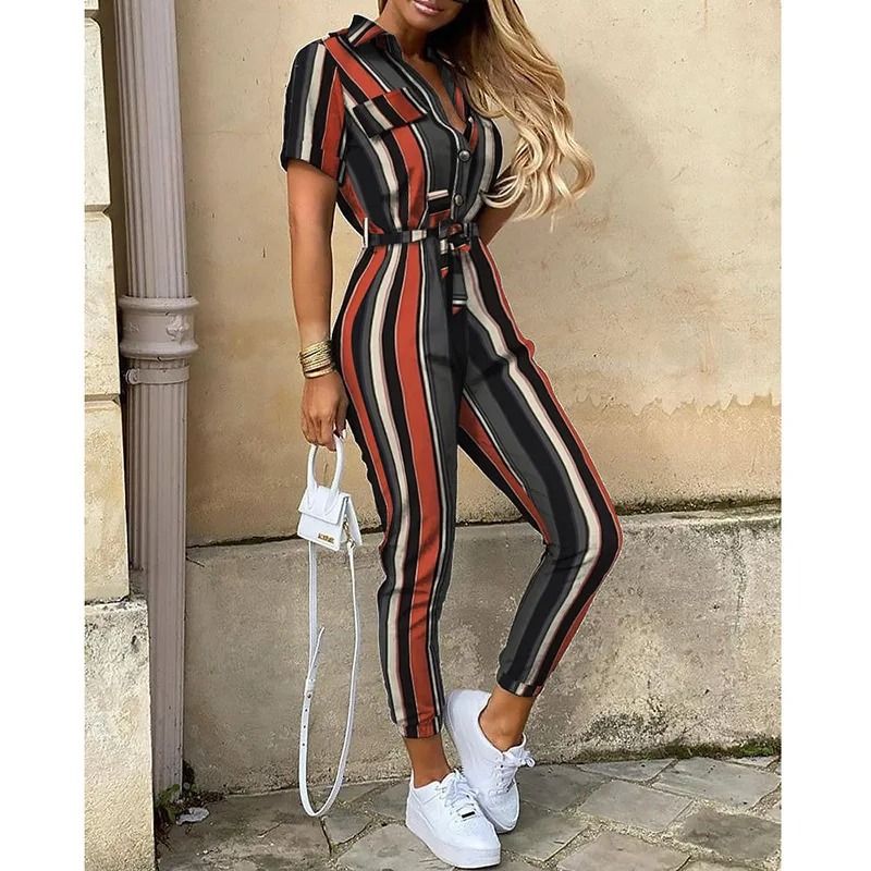 Womens Monochromatic Belted Workwear Jumpsuit Casual Pants 16