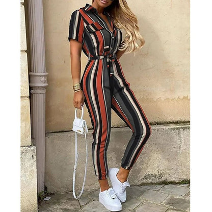 Womens Monochromatic Belted Workwear Jumpsuit Casual Pants 16