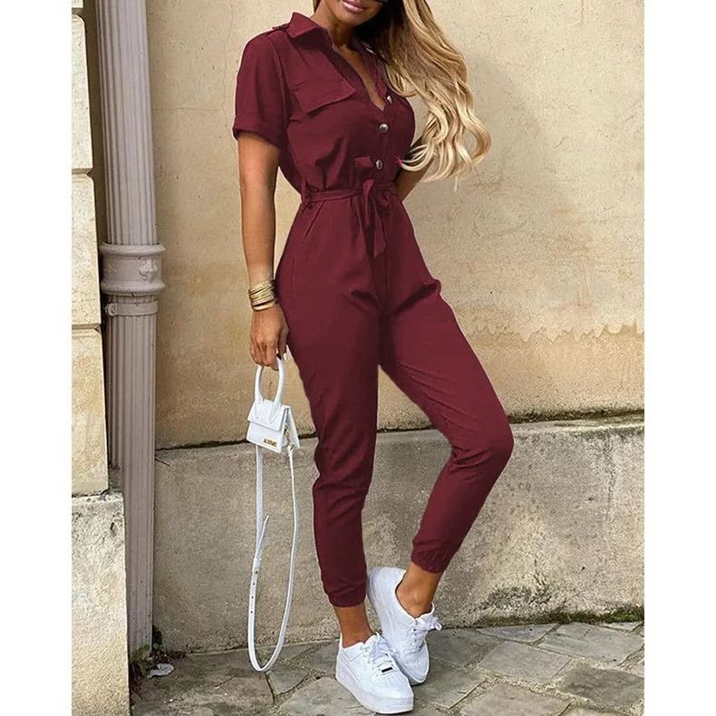 Womens Monochromatic Belted Workwear Jumpsuit Casual Pants 18