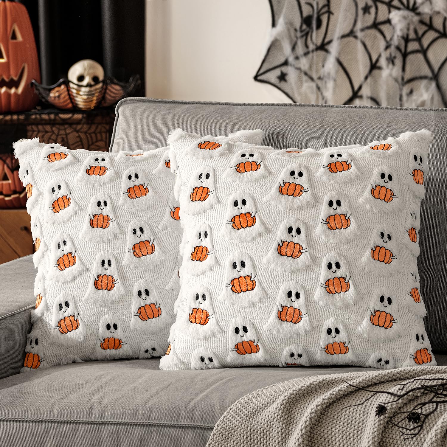 Ghost Pumpkin Plush Faux Fur Pillow Covers, Soft Halloween Decor for Sofa Couch Bed, Living Room Seasonal Accent