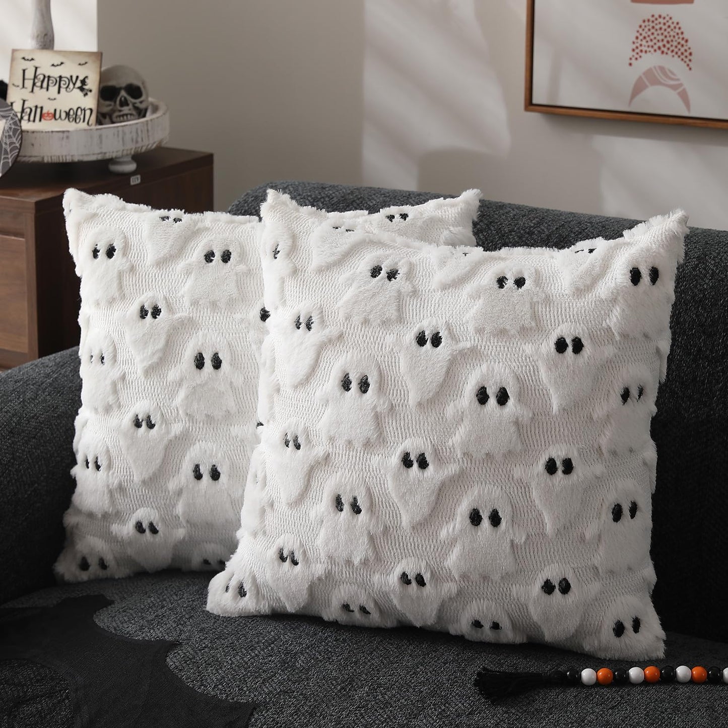 Ghost Pumpkin Plush Faux Fur Pillow Covers, Soft Halloween Decor for Sofa Couch Bed, Living Room Seasonal Accent