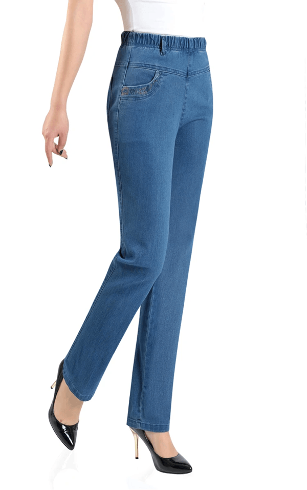 Classic High Waist Stretch Denim Pants For Women With Embroidered Pockets 1