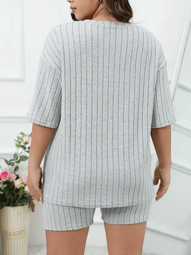 Cozy Chic Plus Size Lounge Set For Women Two Piece Ribbed Top And Shorts Pajamas 2