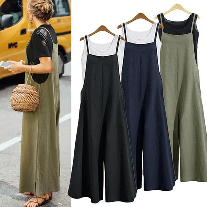 Women Summer Wide Leg Cotton Linen Jumpsuit Casual Sleeveless Loose Fit Overalls