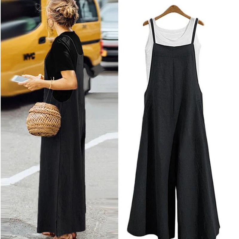 Women Summer Wide Leg Cotton Linen Jumpsuit Casual Sleeveless Loose Fit Overalls 1