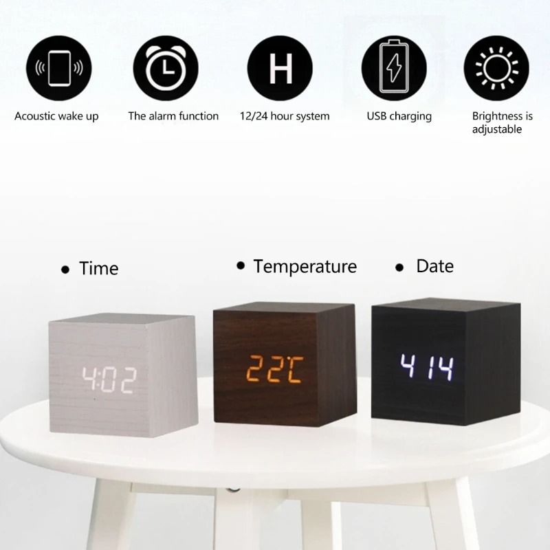 Wooden Cube Voice Control Alarm Clock 4