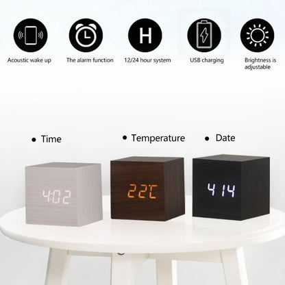 Wooden Cube Voice Control Alarm Clock 4