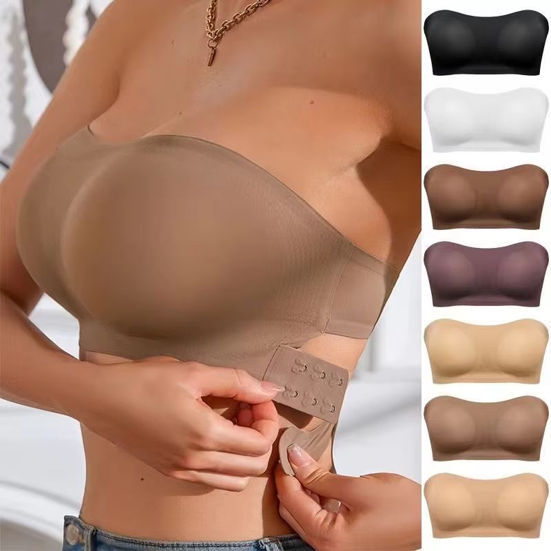 Strapless Side Clasp Bra – Seamless Nylon Knit with Crisscross Straps & Removable Padding