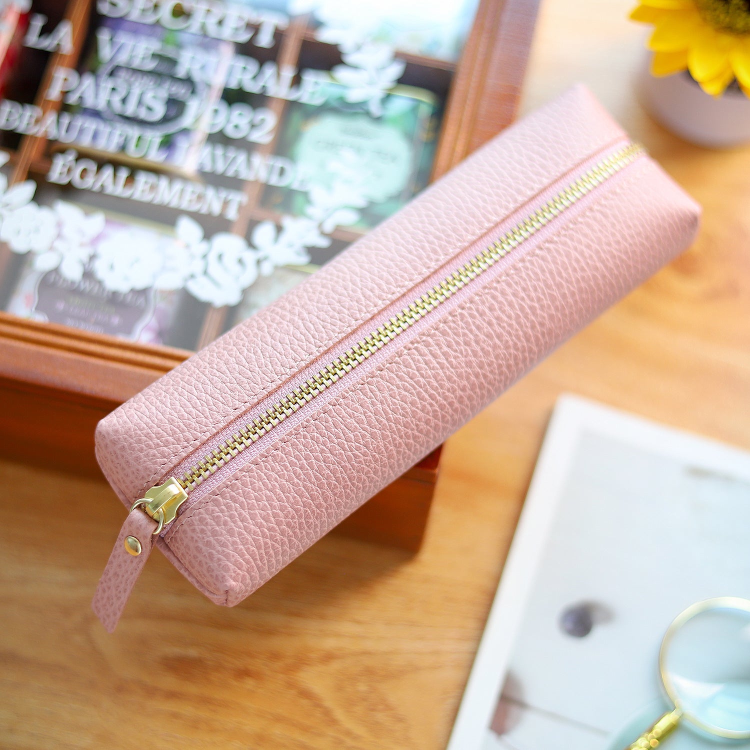 Personalized Leather Pencil Case, Handmade Genuine Pebble Leather Zipper Bag for Large Capacity School & Office