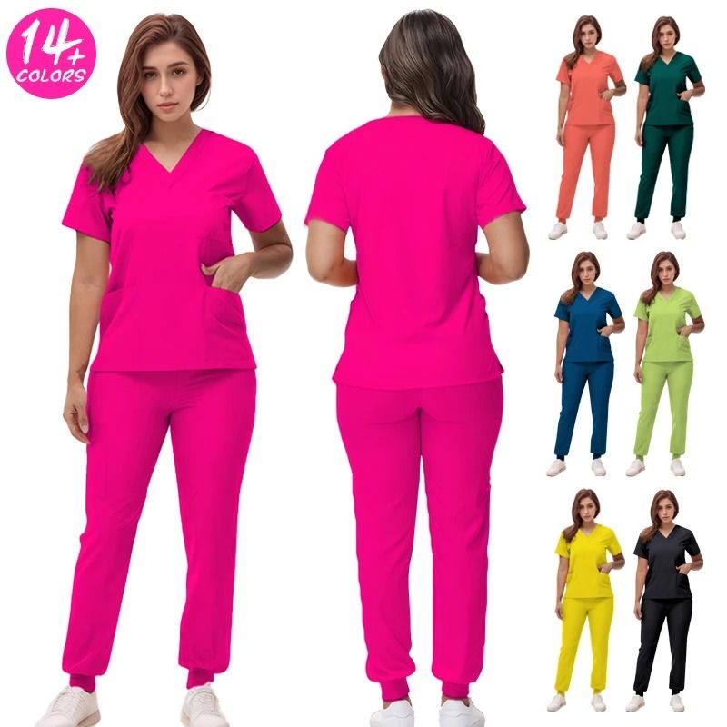 New Nurse Scrub Set V Neck Top with Jogger Pants Medical Workwear