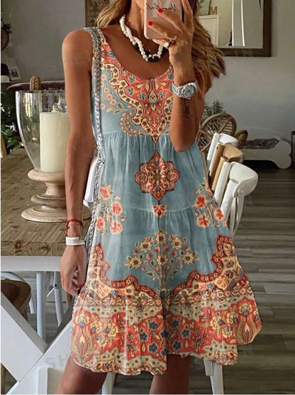 Plus Size Printed Pleated Sleeveless V Neck Summer Dress 1