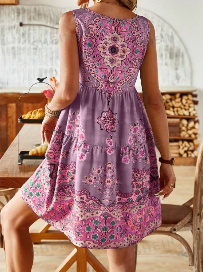 Plus Size Printed Pleated Sleeveless V Neck Summer Dress 4