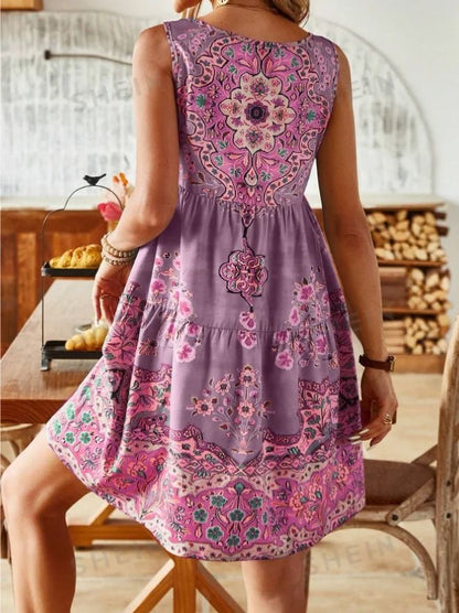 Plus Size Printed Pleated Sleeveless V Neck Summer Dress 4