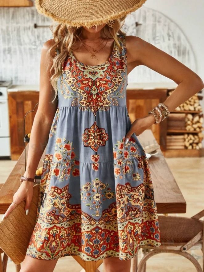 Plus Size Printed Pleated Sleeveless V Neck Summer Dress 5