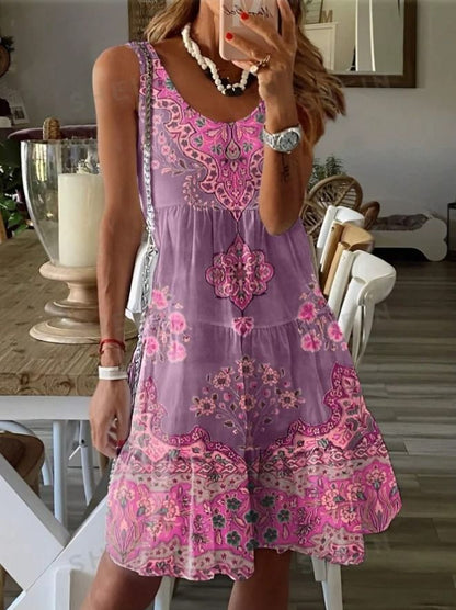 Plus Size Printed Pleated Sleeveless V Neck Summer Dress 6