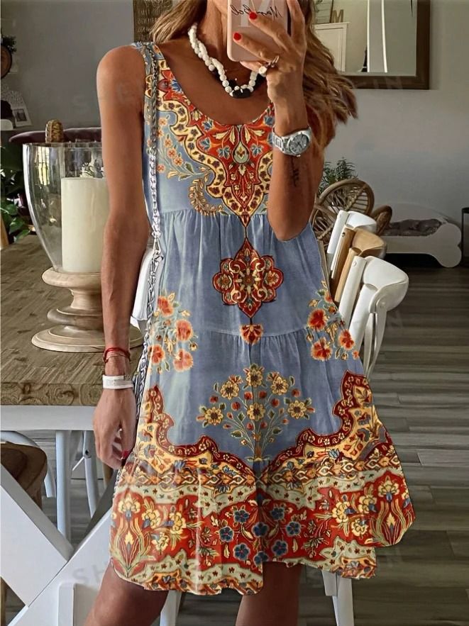 Plus Size Printed Pleated Sleeveless V Neck Summer Dress 7