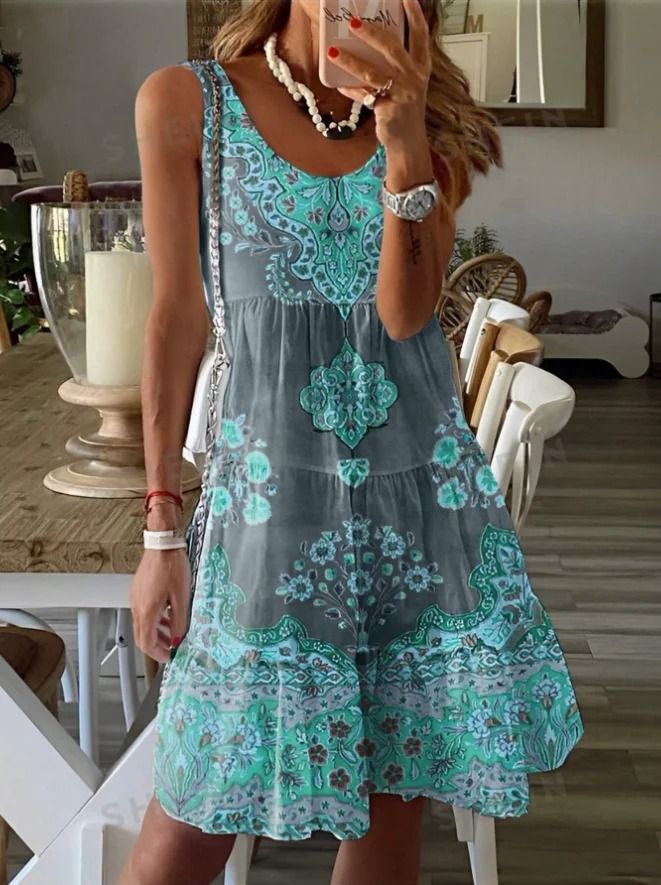Plus Size Printed Pleated Sleeveless V Neck Summer Dress 8
