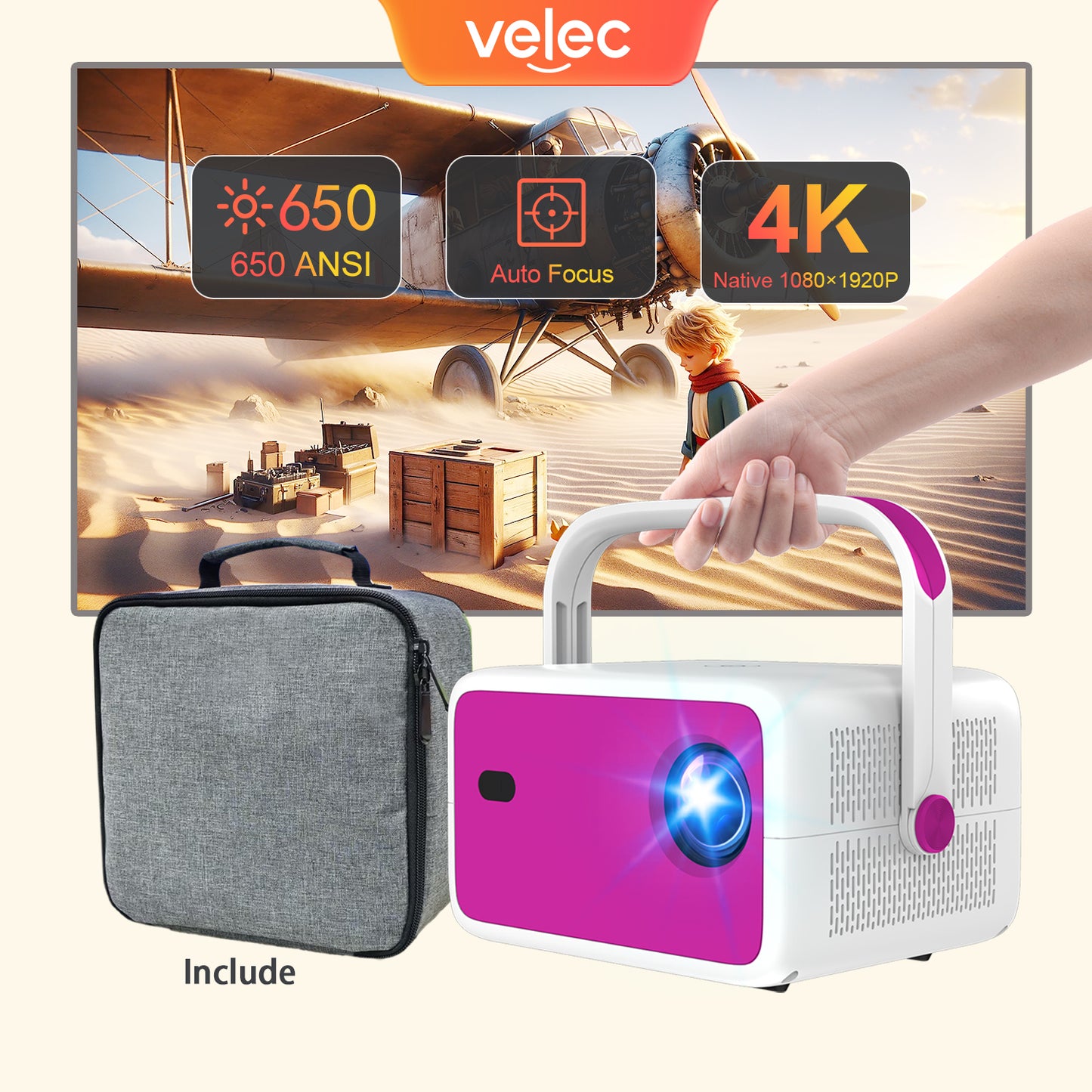 Velec Portable Projector 650ANSI with Android 11 1080P HD, 3.5 LCD, Auto Keystone Outdoor Movie, Home Theater Project