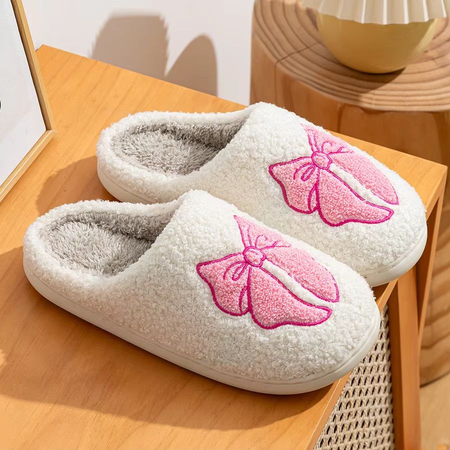 Womens Winter Bow Slippers – Warm Cotton Indoor Shoes with Soft Sole & Cute Design