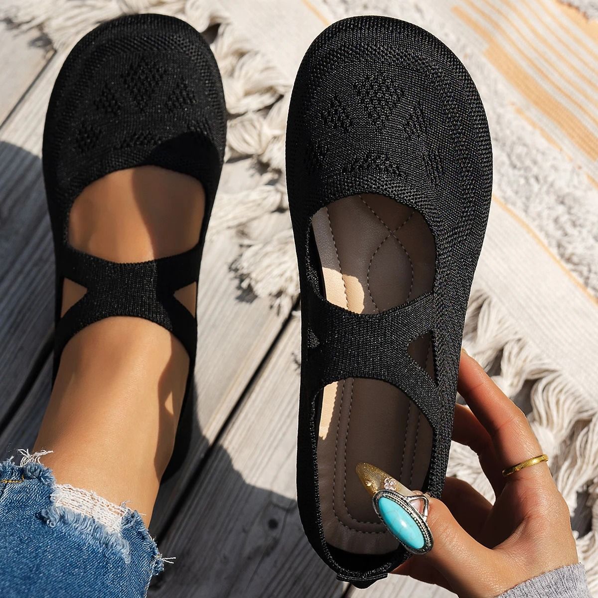 Knitted Mary Jane Ballet Shoes Round Toe Comfortable Flats 1