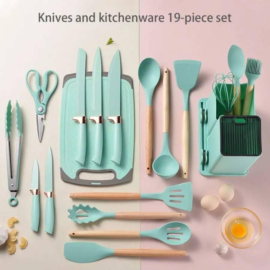 19 Piece Silicone Kitchenware Set With Knives Cutting Board And Utensils 4