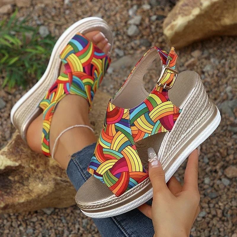 Rainbow Graffiti Wedge Heels Sandals for Women Summer Peep Toe Platform Sandals with Buckle Strap
