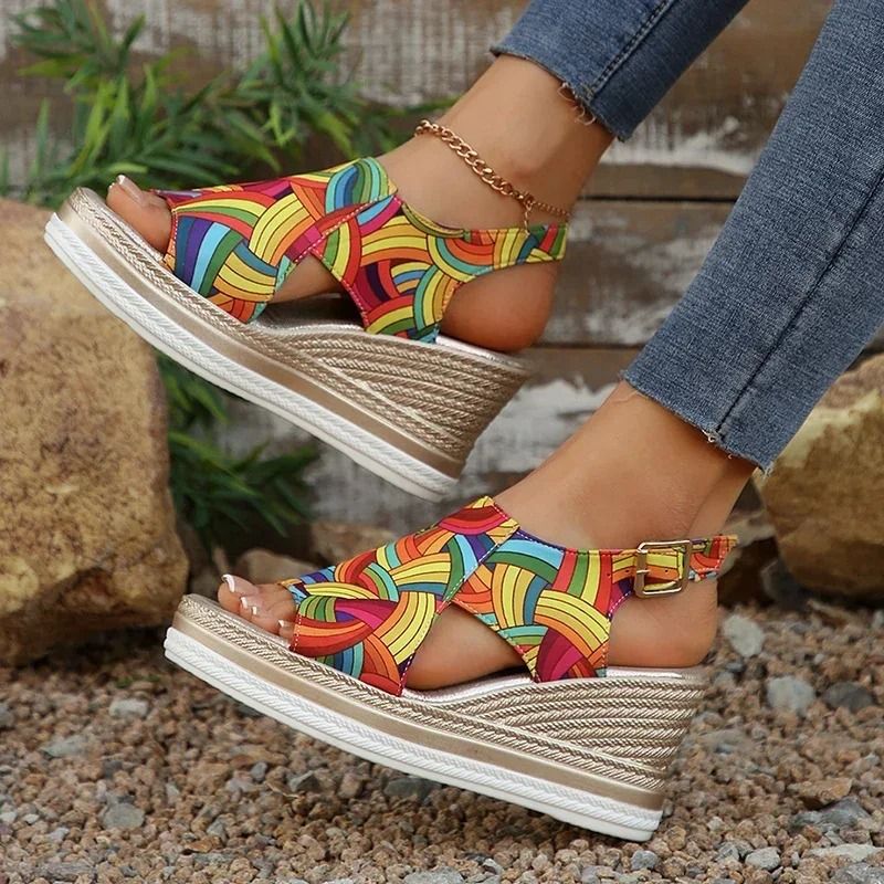 Rainbow Graffiti Wedge Heels Sandals For Women Summer Peep Toe Platform Sandals With Buckle Strap 1