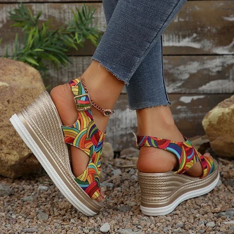 Rainbow Graffiti Wedge Heels Sandals For Women Summer Peep Toe Platform Sandals With Buckle Strap 4