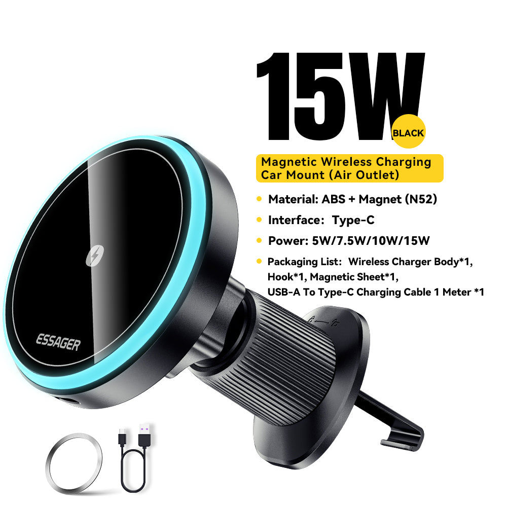 Essager Magnetic Car Phone Holder Wireless Charger Stand, Car Mount Charger for iPhone Pro Max with Magsafe & LED Light