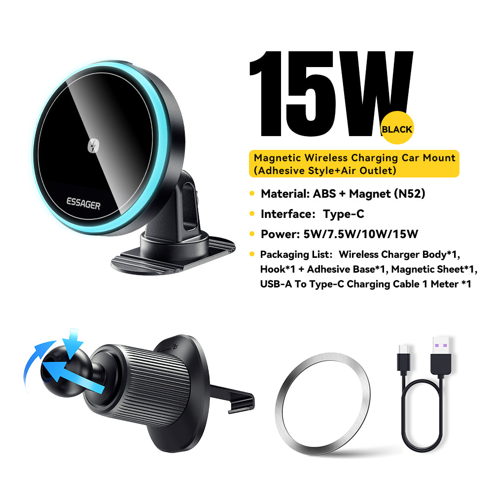 Essager Magnetic Car Phone Holder Wireless Charger Stand, Car Mount Charger for iPhone Pro Max with Magsafe & LED Light