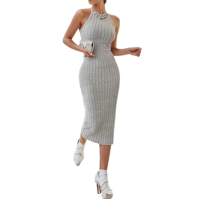 Solid Halter Neck Bodycon Midi Dress Slim Summer High Waist Elegant Style 1