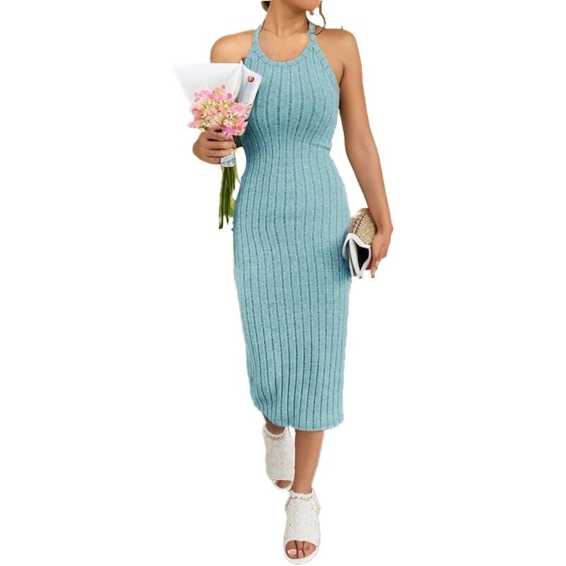 Solid Halter Neck Bodycon Midi Dress Slim Summer High Waist Elegant Style 2