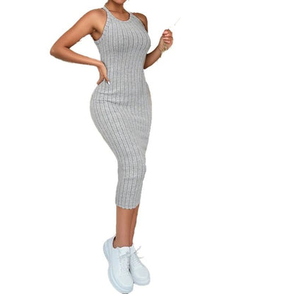 Solid Halter Neck Bodycon Midi Dress Slim Summer High Waist Elegant Style 3