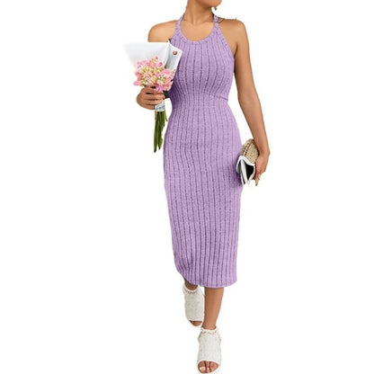 Solid Halter Neck Bodycon Midi Dress Slim Summer High Waist Elegant Style 4