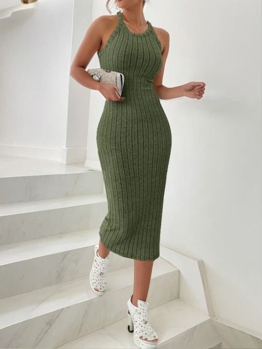 Solid Halter Neck Bodycon Midi Dress Slim Summer High Waist Elegant Style 9