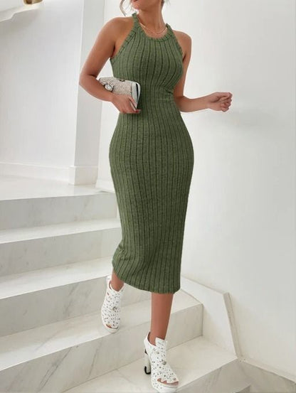 Solid Halter Neck Bodycon Midi Dress Slim Summer High Waist Elegant Style 9