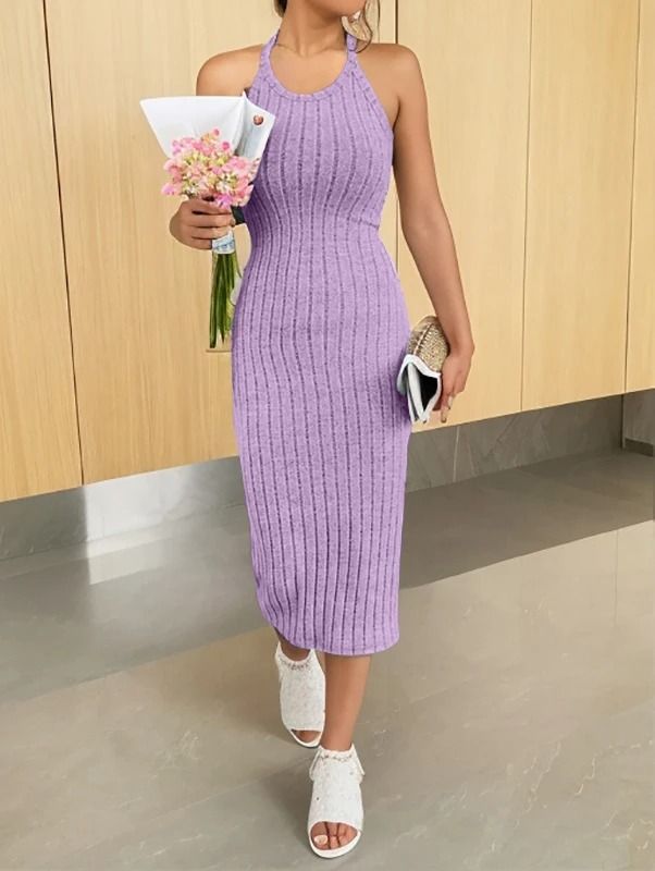 Solid Halter Neck Bodycon Midi Dress Slim Summer High Waist Elegant Style 10