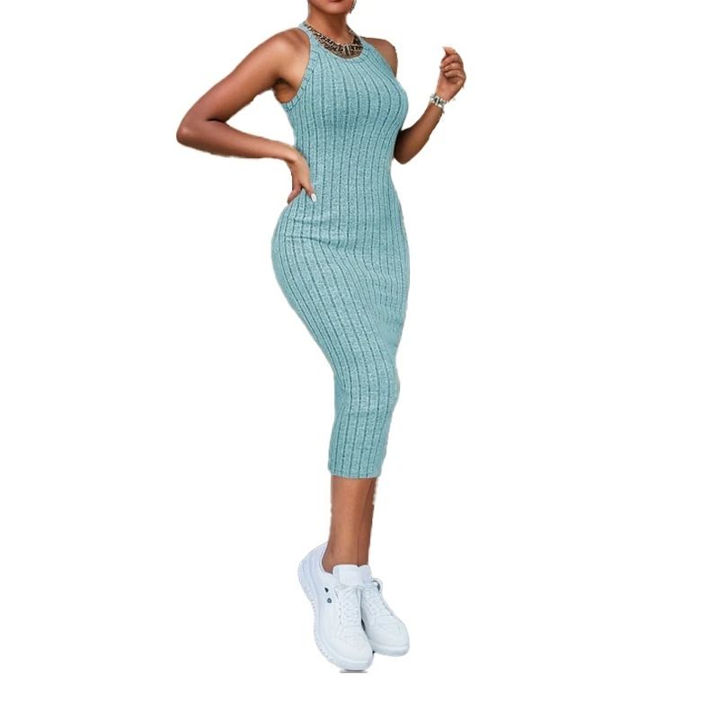 Solid Halter Neck Bodycon Midi Dress Slim Summer High Waist Elegant Style 5