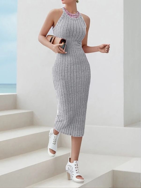 Solid Halter Neck Bodycon Midi Dress Slim Summer High Waist Elegant Style 7