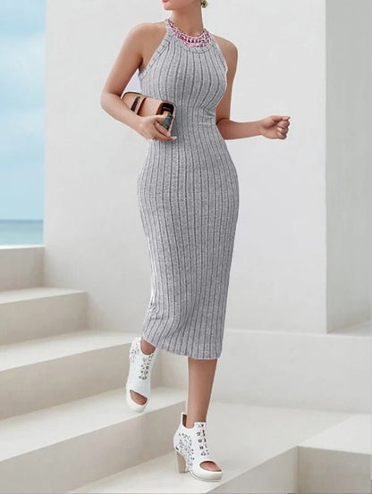 Solid Halter Neck Bodycon Midi Dress Slim Summer High Waist Elegant Style 7