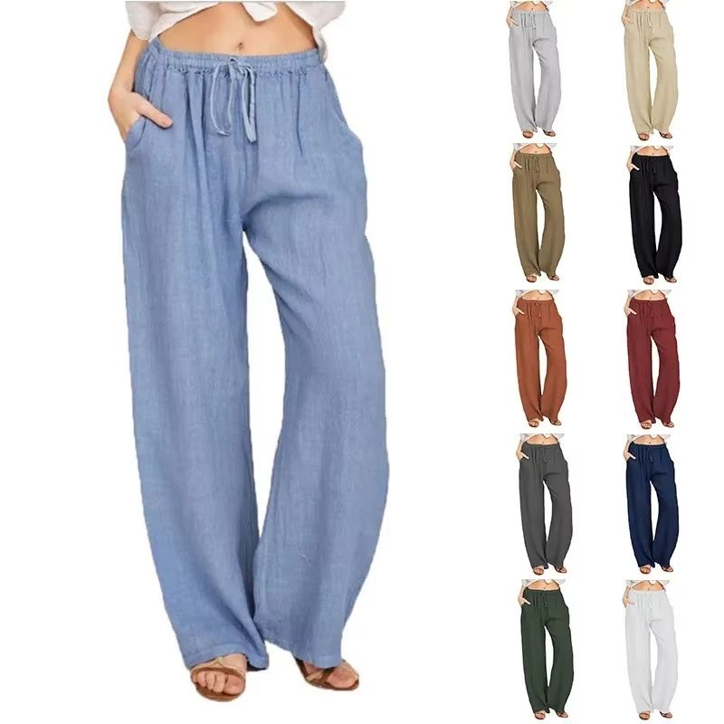 Womens Cotton Linen Wide Leg Pants – Casual Loose Trousers with Elastic Waist & Pockets