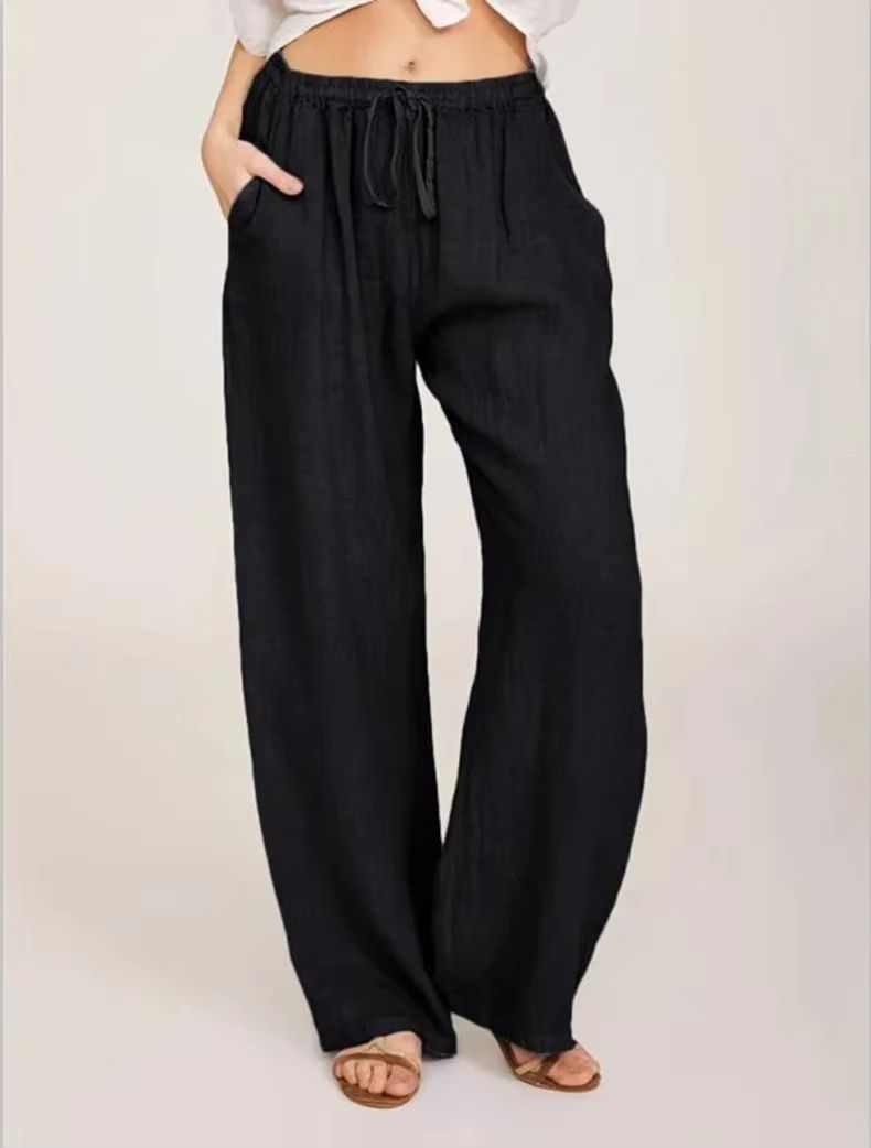 Womens Cotton Linen Wide Leg Pants  Casual Loose Trousers With Elastic Waist  Pockets 1